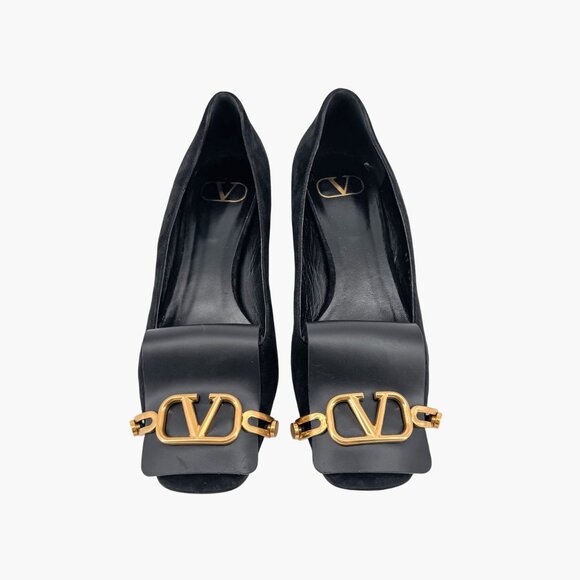 Valentino VLogo Black Suede Leather Block Heel Pumps Shoes Size 38.5 US 8.5 - Picture 2 of 15